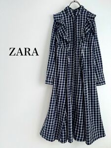 【2点以上で送料無料】ZARA ザラ チェックシャツワンピース ネイビー フリル