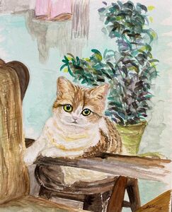 リビングでくつろぐ猫の水彩画　F2サイズ　原画のみ