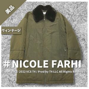 NICOLE FARHI ヴィンテージ ロングコート M 中わた カーキ フェイクファー ナイロン 綿 耐久性 ×2729