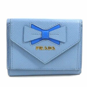 プラダ PRADA 三つ折り財布 レザー ライトブルー a0302