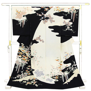 Art hand Auction *Store renovation and inventory sold out! [Free tailoring] Top quality Kyoto Yuzen genuine processing and hand-painting, Real money, Hand embroidered visit wear ☆ Monotone dyed four seasons flower classical art dyed c03134, women's kimono, kimono, Visiting dress, untailored