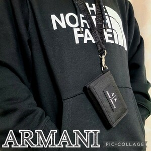 美品 ARMANI　アルマーニ　コンパクト折り財布 黒　マジック　ストラップ付　イベント　お祭り　海外旅行などに　b