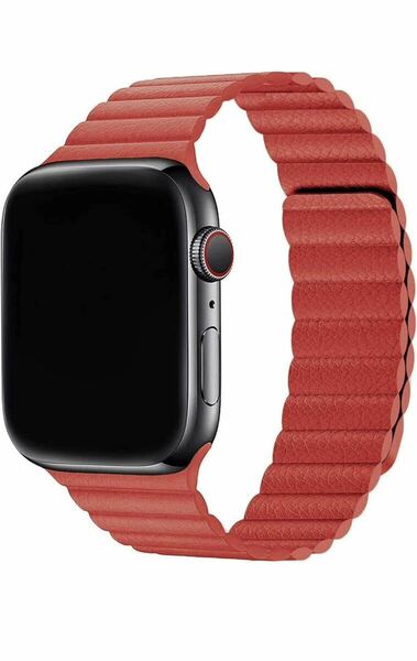 Apple Watch8バンド マグネット アップルウォッチ バンド 本革ベルト Series8/7/6/5/4/3/2/1,SE レザー製　男女兼用42/44/45/49mm赤