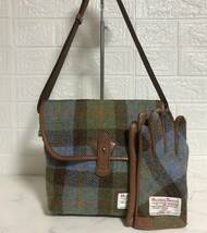 no21128 Harris Tweed ハリスツイード グローブ付 ウール レザー 斜め掛けショルダー バッグ ポシェット ☆_画像1