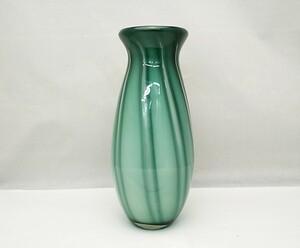 花瓶　ガラス　草色ストライプ　高さ27cm　口径8cm　胴径12cm　重さ1294g　/　　花器　花入れ　壺　インテリア