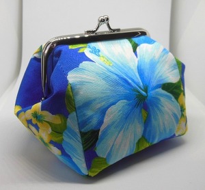 * bulrush . pouch * Hawaiian pattern hibiscus blue * hand made make-up pouch case clasp 10.