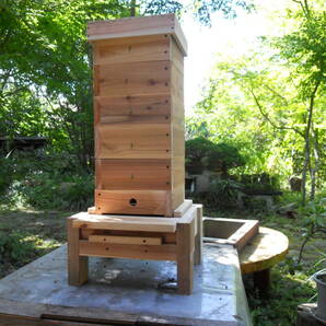 日本ミツバチ 重箱式5段巣箱+オリジナル脚付き金網・板底2層引出し付巣箱台(スムシ・アカリンダニ・高温対策)の画像1