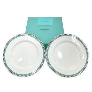 １円スタート TIFFANY＆CO. ティファニー プラチナブルーバンド デザートプレート 2枚セット ブランド食器 皿 洋食器 ペア 平皿 箱付き