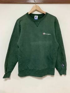 け1396 Champion チャンピオン スウェットトレーナー M グリーン V字ガゼット 刺繍タグ 裏起毛