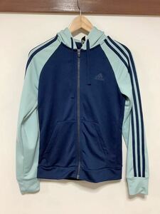 き1381 adidas アディダス ジップアップ ジャージパーカー レディース L ライトブルー /ネイビー フーディ