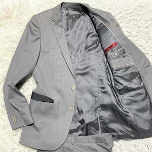 希少◎ L相当 ヒューゴボス スーツ レッド赤タグ!! Super140s！セットアップ HUGO BOSS 灰色 グレー 裏地光沢！上質ウール 48 未使用近い