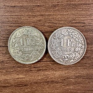 1円～【スイス銀貨】1945年/1958年 スイス 1フラン ヘルヴェティ女神立像 銀貨 2枚組 総量9.9g 収集家放出品 99