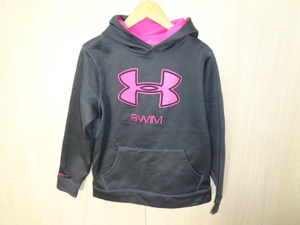 b996◆UNDER ARMOUR スウェットフーディー◆アンダーアーマー キッズ サイズYMD ガール ブラック/ピンク ビックロゴ STORM 6C