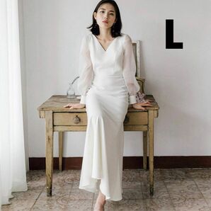 【新品】レディースウェディングドレス シンプル 軽系 ロングドレス 白いドレス L