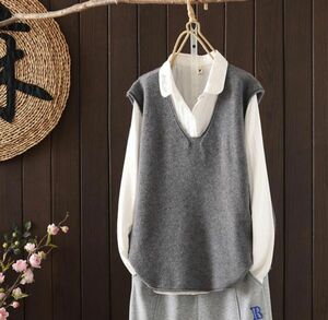  включение в покупку 1 десять тысяч иен бесплатная доставка #F размер # прекрасное качество модный лучший шерсть . вязаный V шея одноцветный рисунок без рукавов вязаный свитер лучший * серый 