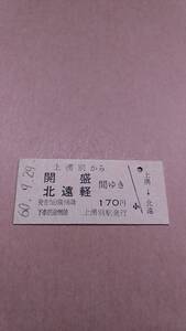 国鉄　名寄本線　上湧別から開盛/北遠軽　間ゆき　170円　上湧別駅発行