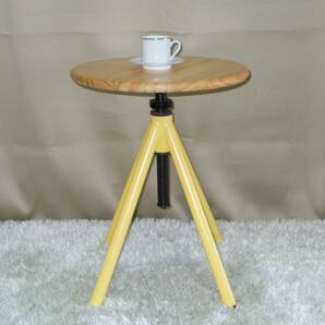 サイドテーブル　丸テーブル　パイン材ムク　直径39.5cm 高さ調整48～65cm 在庫処分　天然木パイン材の質感が違います　イエロー 