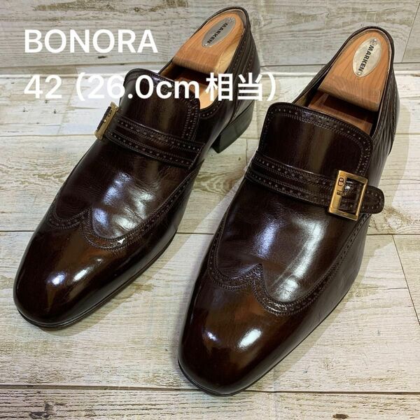 BONORA ボノーラ サイズ42（26.0cm相当）ローファー ダークブラウン メダリオン モンクストラップ