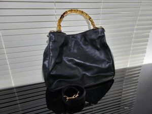 GUCCI グッチ バンブー レザー 2WAY ショルダー バッグ ハンドバッグ ブラック系