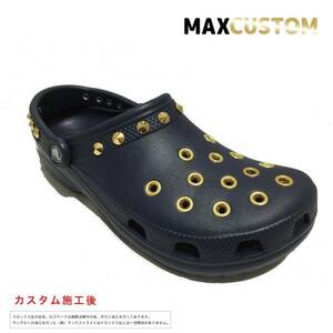 クロックス crocs パンク カスタム 純金メッキ加工 濃紺 ネイビー 22-29cm 新品 custom MAXCUSTOM クラシック ケイマン classic　ジビッツ