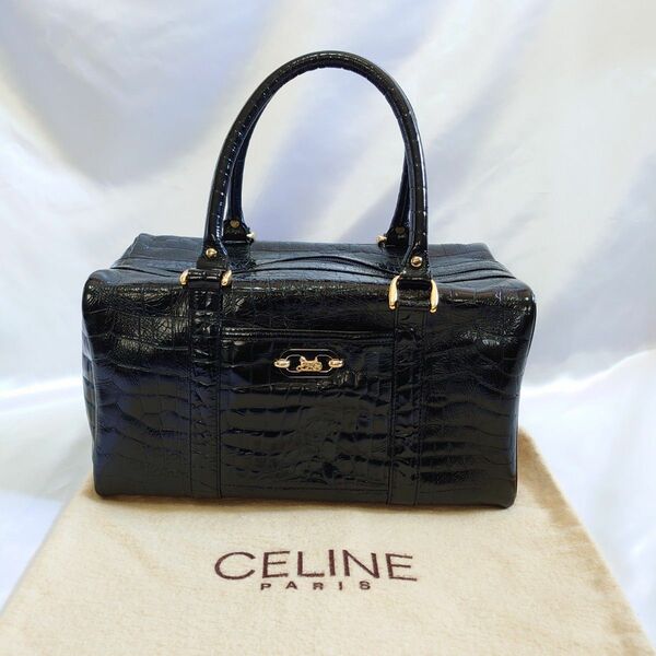 美品 CELINE 馬車金具 クロコ ハンドバッグ