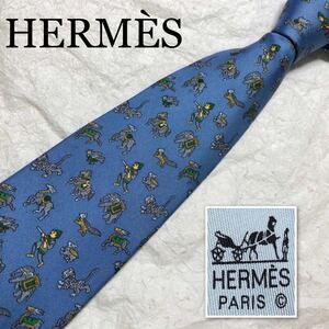 HERMES Hermes галстук животное ... форель Kett . армия лошадь армия . верблюд общий рисунок шелк 100% Франция производства оттенок голубого 