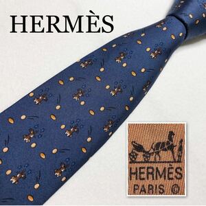 HERMES エルメス　ネクタイ　ゴルフボールとゴール　うさぎ　齧歯類　シルク100% フランス製　ブルー系