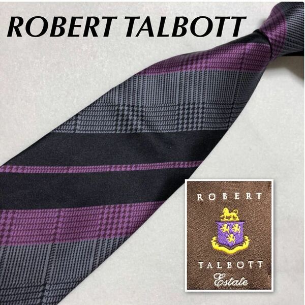 ■極美品■希少■ROBERT TALBOTT ロバートタルボット　ネクタイ　ストライプ×チェック　シルク100% 米国製　ブラック×グレー×パープル