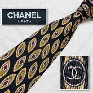 CHANEL シャネル　ネクタイ　ジュエリー風　楕円　総柄　シルク100% イタリア製　ブラック×ベージュ　ビジネス