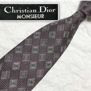 ■表側美品■Christian Dior MONSIEUR クリスチャンディオール　ネクタイ　ジュエリー風　スクエア　総柄　シルク100% あずき色　ビジネス