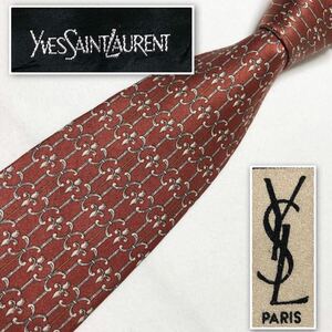 YVES SAINT LAURENT イヴサンローラン　ネクタイ　金具　総柄　シルク100% 日本製　ブラウン系　ビジネス
