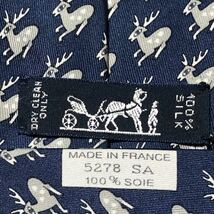 ■美品■HERMES エルメス　ネクタイ　鹿　シカ　総柄　シルク100% フランス製　ネイビー×グレー　ビジネス_画像7