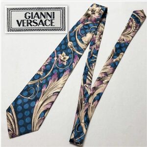 # прекрасный товар #GIANNI VERSACE Gianni Versace галстук цветочный принт полька-дот узор настоящее время изобразительное искусство способ шелк 100% Италия производства синий × фиолетовый × белый 