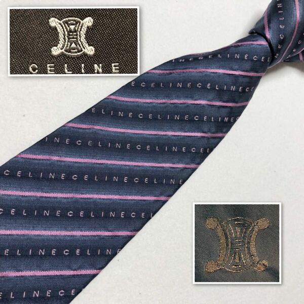 ■美品■CELINE セリーヌ　ネクタイ　レジメンタルストライプ　ロゴ　総柄　シルク100% イタリア製　ブルー系グレー×ピンク　ビジネス