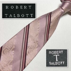 ■美品■希少■ROBERT TALBOTT ロバートタルボット　ネクタイ　米国式ストライプ　ペイズリー刺しゅう　シルク100% 米国製　ピンク