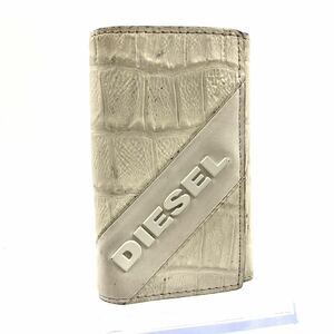 DIESEL ディーゼル　クロコ型押しレザー　6連キーケース　キーリング　斜めロゴ　アイボリー×ブラウン　シルバー金具