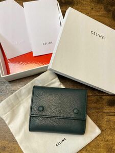 美品　セリーヌ CELINE 三つ折ウォレット　財布　深緑　グリーン