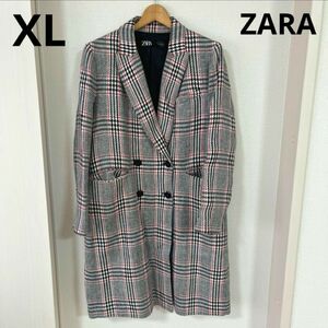 【1089】ZARA チェックダブルコート　XL チェスターコート チェック柄 ダブルジャケット ジャケット