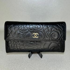 CHANEL シャネル カメリア ブラック 黒 レザー 長財布 ココマーク 