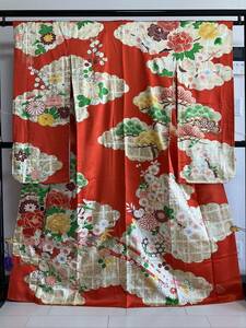 #E2749# used # silk #.. color . writing . flower . comb Kyouyuuzen . long-sleeved kimono # height 169.63# height length coming-of-age ceremony 