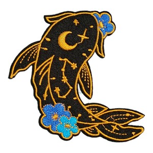 S-33【 アイロンワッペン 】 刺繍ワッペン アップリケ リメイク 魚 鯉 fish COOP 日本 JAPAN ジャパン 月 三日月 ムーン MOON 花 フラワー