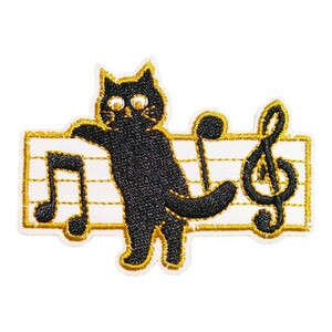 D-41【 アイロンワッペン 】 刺繍ワッペン アップリケ リメイク 猫 ネコ cat キャット 音楽 Music 音符 アイロンワッペン ワッペン patch