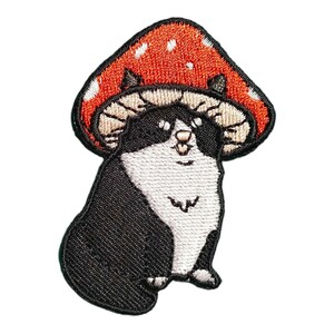 D-64【 アイロンワッペン 】 刺繍ワッペン アップリケ リメイク 猫 ネコ cat キャット キノコ きのこ マッシュルーム MASHROOM ワッペン