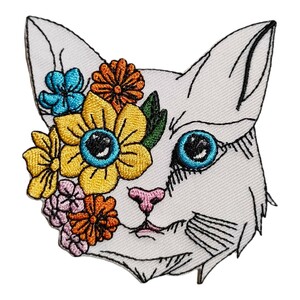 D-56【 アイロンワッペン 】 刺繍ワッペン アップリケ リメイク 猫 ネコ cat キャット 花 フラワー Flower アイロンワッペン patch パッチ