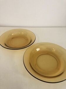 中深皿（カレー皿、スープ皿）2枚セット★あめ色、レトロ、ビンテージ風、ガラス