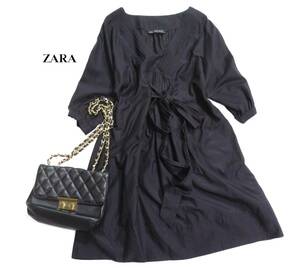 ザラ ZARA BASIC 大人可愛い☆ 絹混 シルクブレンド 微光沢 Vネック ピンタック ドルマン フロントリボン デザインチュニックワンピース M 