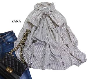 ザラ ZARA 大人素敵スタイル☆ビッグボウタイ リボン ストライプ シャツ ブラウス M