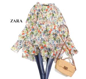 ザラ ZARA WOMAN 大人可愛い☆ シルクブレンド 鳥 花柄 フラワープリント プルオーバーシャツブラウス チュニック L