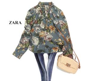 ザラ ZARA WOMAN 大人可愛い☆ 花柄 フラワープリント フリル デザインシャツブラウス M