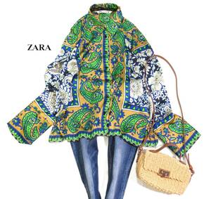 ザラ ZARA 大人素敵スタイル☆ 微光沢 とろみ 総柄 スカーフ風プリント デザインシャツブラウス M